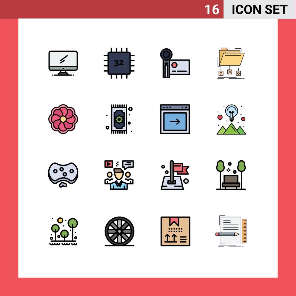 Gruppe von 16 flachen, farbgefüllten Linien Zeichen und Symbole für Dateien Backup-Gadget Videokamera Handycam editierbare kreative Vektordesign-Elemente vektor