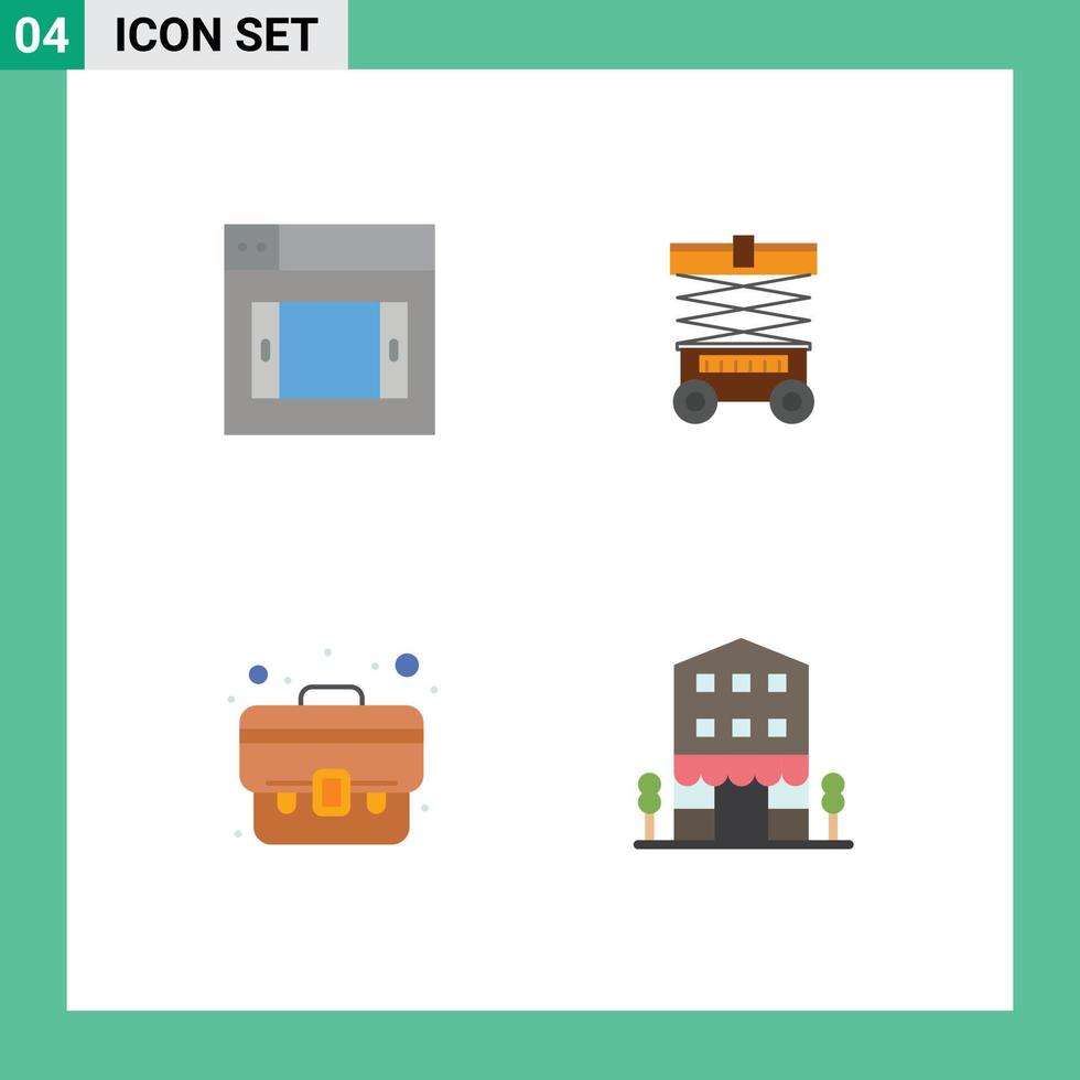 flaches Icon-Paket mit 4 universellen Symbolen für Web-Kofferlift-Heber-Gebäude editierbare Vektordesign-Elemente vektor