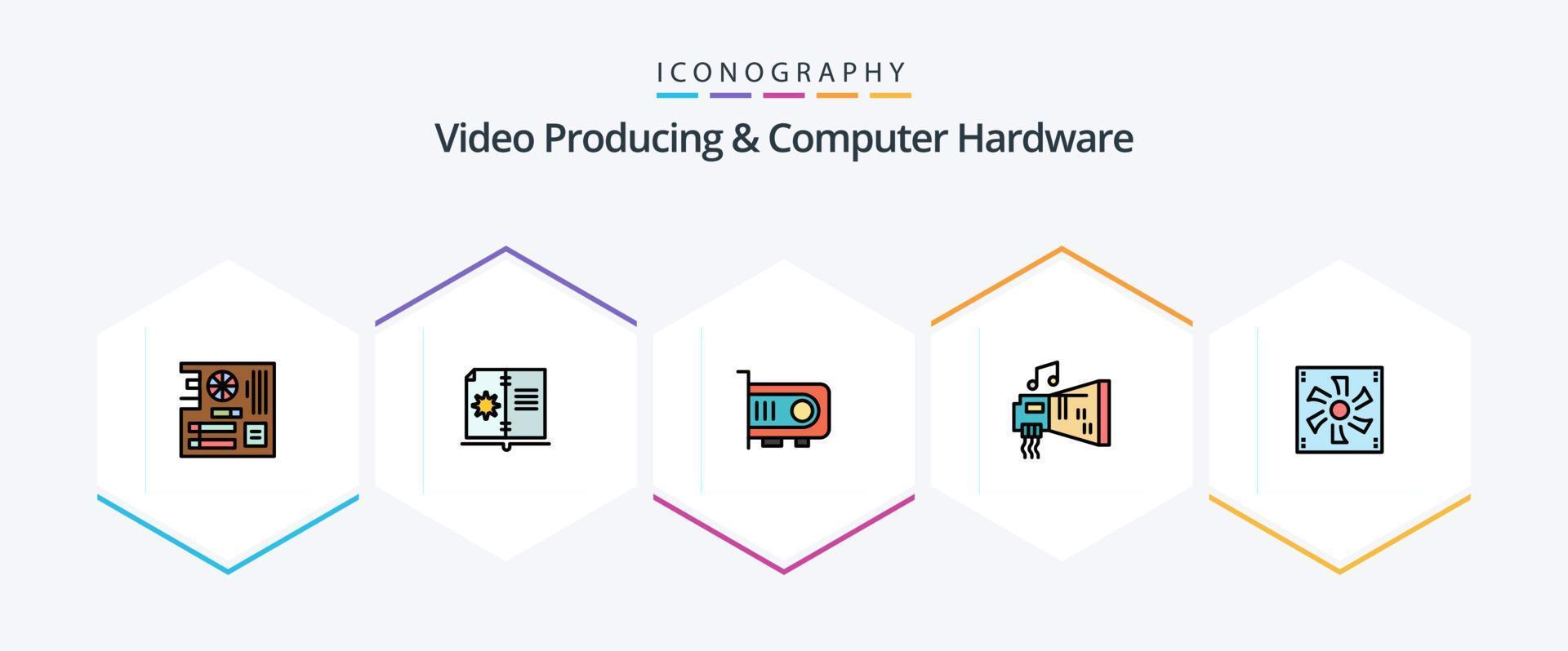 video producerar och dator hårdvara 25 fylld linje ikon packa Inklusive musik. enhet. instruktion. sprängare. dator vektor