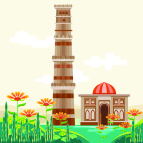 Qutub Minar, einer der UNESCO-Welterbestätten, erbaut im frühen 13. Jahrhundert liegt im Süden von Delhi, Indien vektor