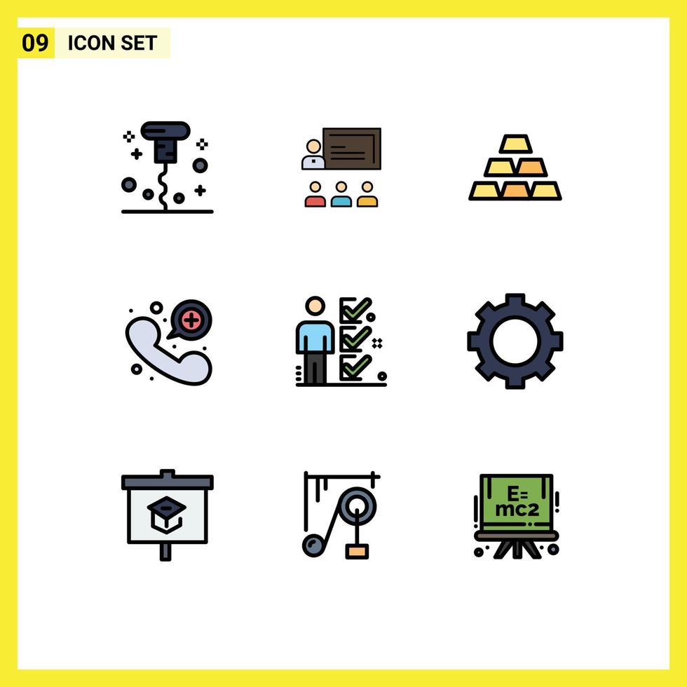 moderner Satz von 9 gefüllten flachen Farben Piktogramm der Checkliste Notfallmanagement Kontaktstapel editierbare Vektordesign-Elemente vektor