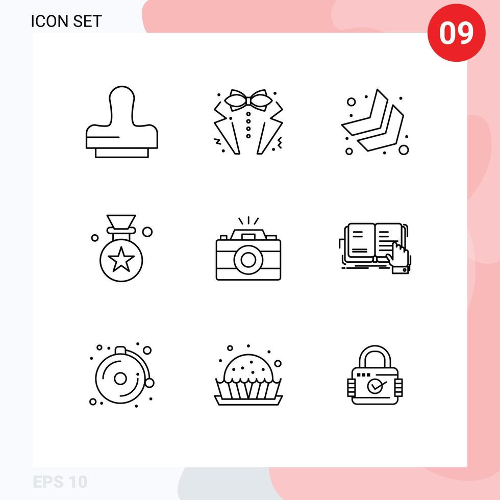 redigerbar vektor linje packa av 9 enkel konturer av Foto kamera pil pris tilldela redigerbar vektor design element