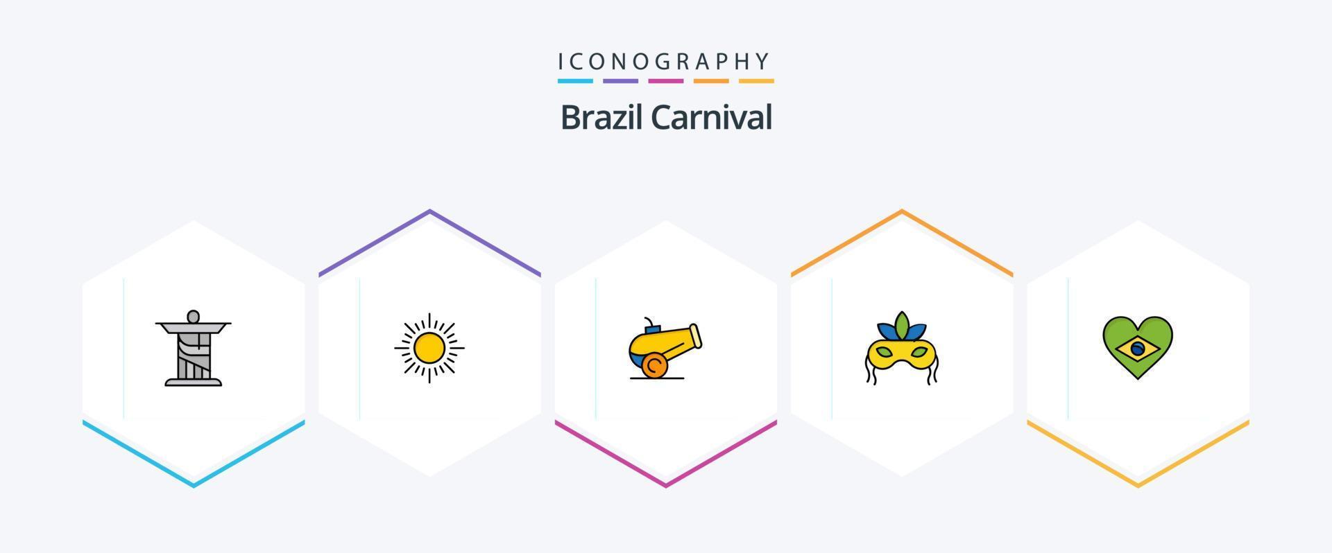 Brasilien-Karneval 25 Filledline-Icon-Pack einschließlich Brasilien. Kanon. Sonne. Feier. brasilianisch vektor