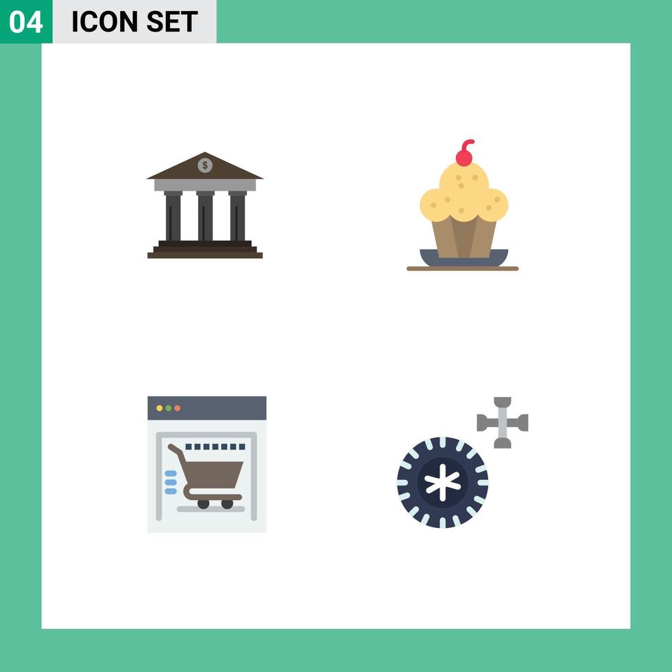 Benutzeroberflächenpaket mit 4 grundlegenden flachen Symbolen der Bank Thanksgiving Gebäude Dessert Warenkorb editierbare Vektordesign-Elemente vektor