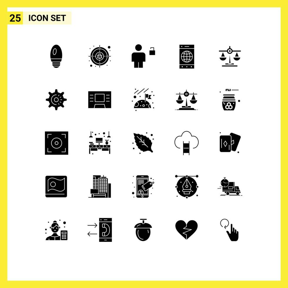 Satz von 25 kommerziellen soliden Glyphenpaketen für den mobilen Browser der Gerechtigkeitswelt, bearbeitbare Vektordesignelemente vektor