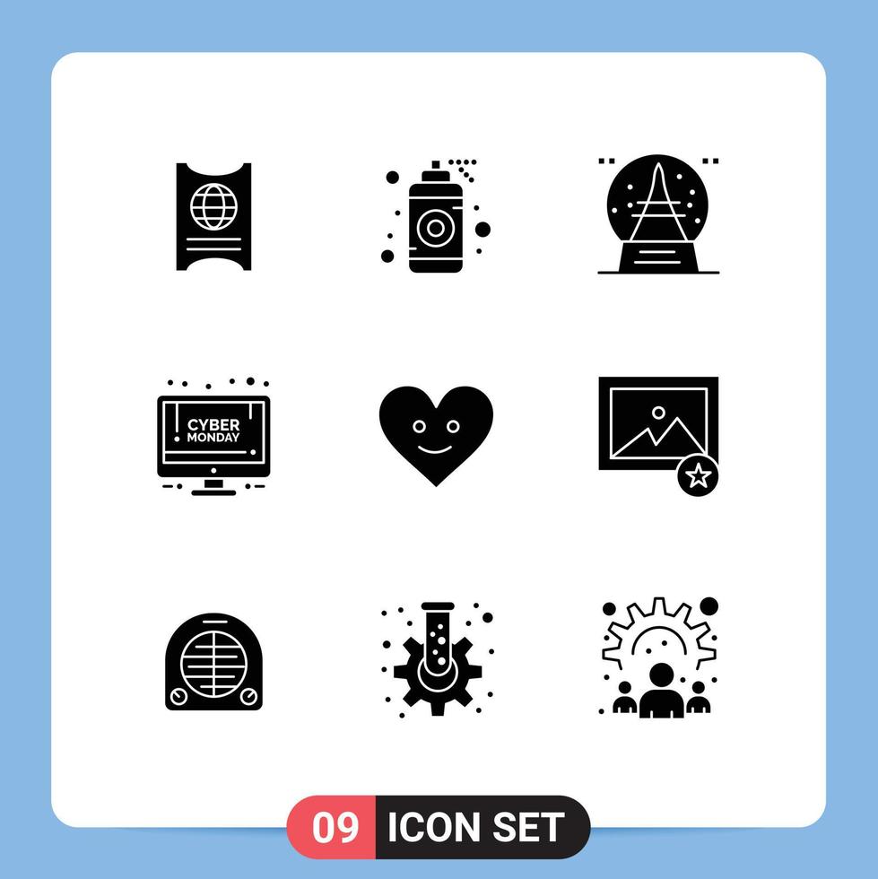 Gruppe von 9 soliden Glyphen Zeichen und Symbolen für editierbare Vektordesign-Elemente des Online-Shops für Herzmontag-Feiertagsverkauf vektor