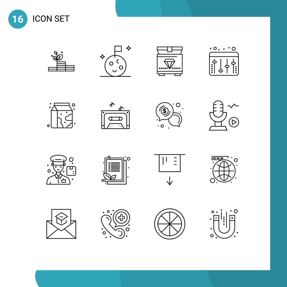 Gliederungssatz für mobile Schnittstellen mit 16 Piktogrammen von Musikmilchkasten-Getränke-Equalizer-editierbaren Vektordesignelementen vektor