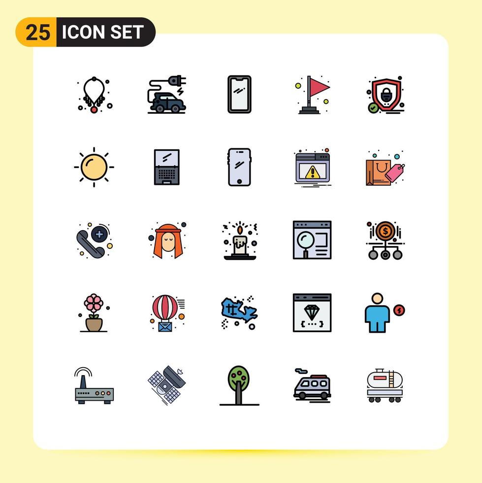 grupp av 25 modern fylld linje platt färger uppsättning för säkerhet vinnande smart telefon Avsluta flagga redigerbar vektor design element