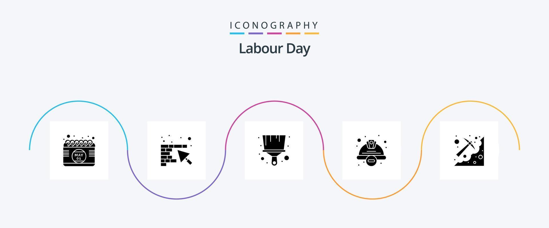 Labor Day Glyph 5 Icon Pack inklusive Graben. Arbeiterhut. Bürste. Sicherheit. Konstruktion vektor