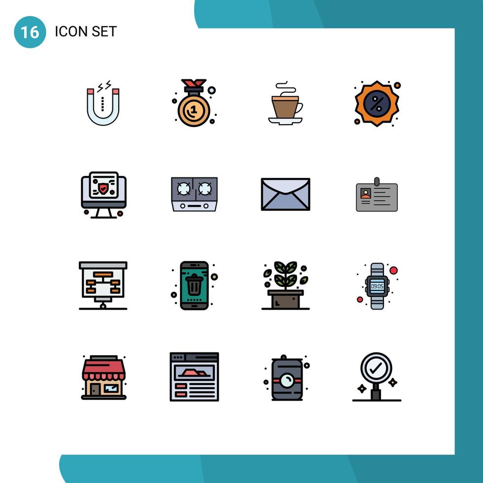 Gruppe von 16 modernen, flachen, farbgefüllten Linien für Online-Shop-Teemarkt-Abzeichen, editierbare kreative Vektordesign-Elemente vektor