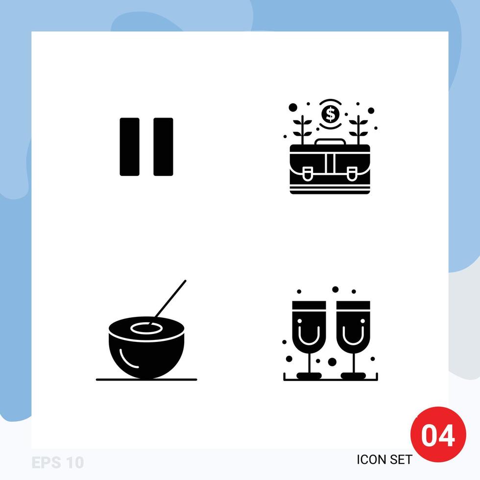 4 universelle solide Glyphen für Web- und mobile Anwendungen Steuerschüssel Vedio Fall Kokosnusssaft editierbare Vektordesign-Elemente vektor