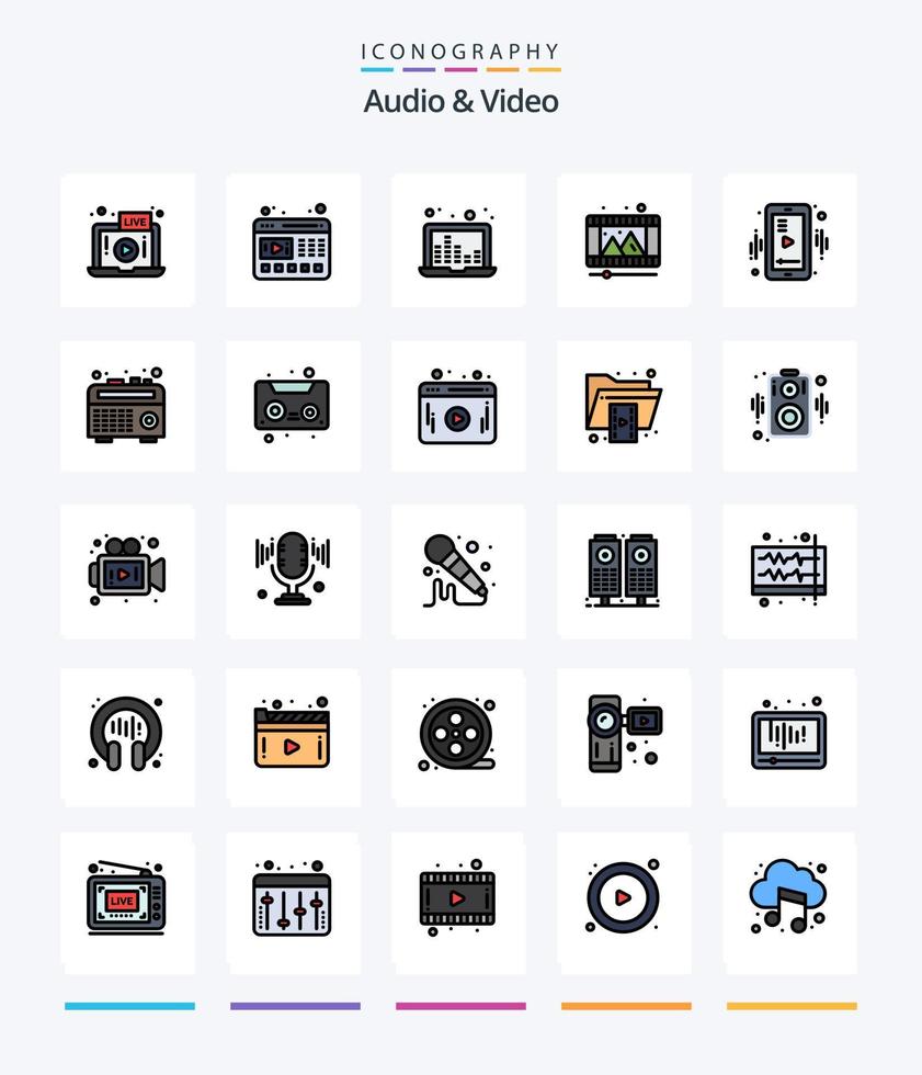 kreativ audio och video 25 linje fylld ikon packa sådan som mobil. rulle. bärbar dator. video. spela vektor