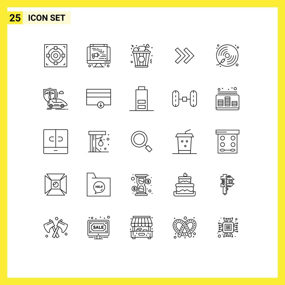 universelle Symbolsymbole Gruppe von 25 modernen Linien von Spielmusik-Lebensmittel-CD rechts editierbare Vektordesign-Elemente vektor