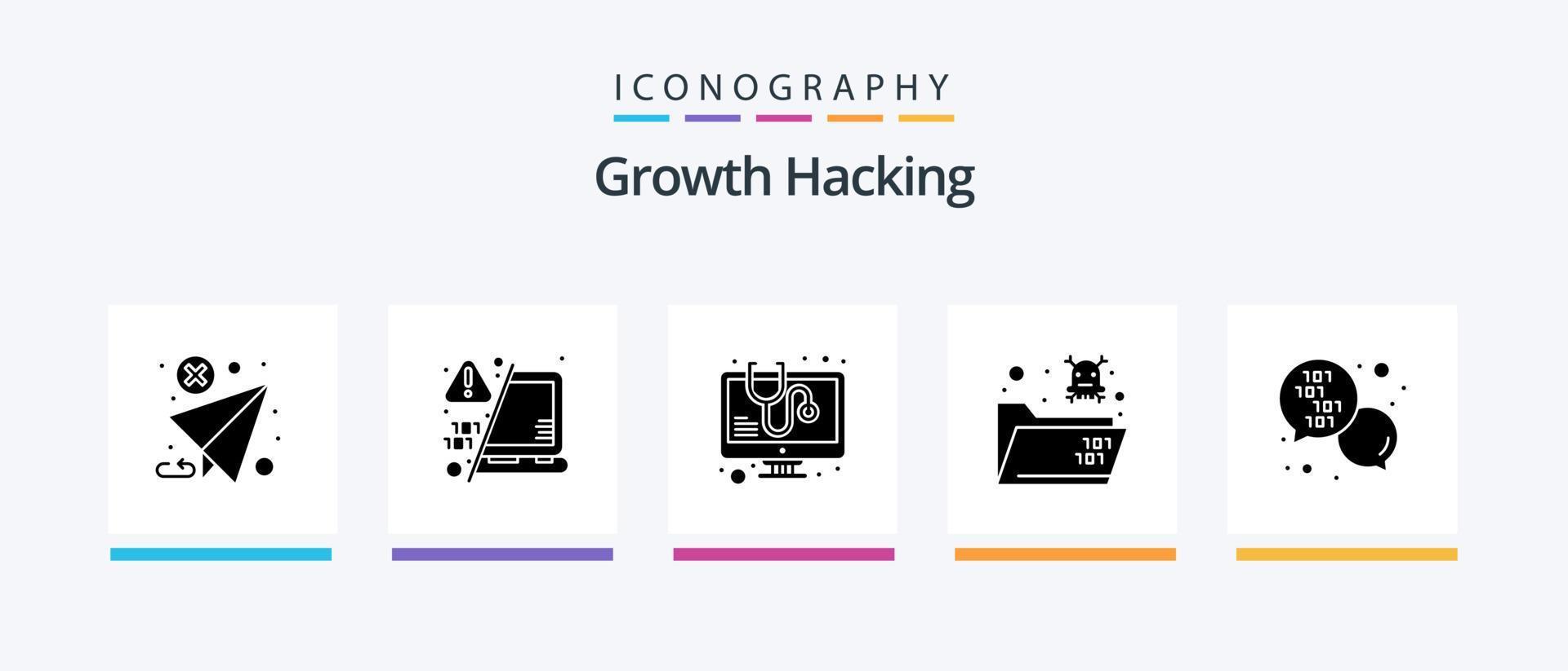 Hacking Glyph 5 Icon Pack inklusive Code. Mappe. warnen. Tod. Virus. kreatives Symboldesign vektor