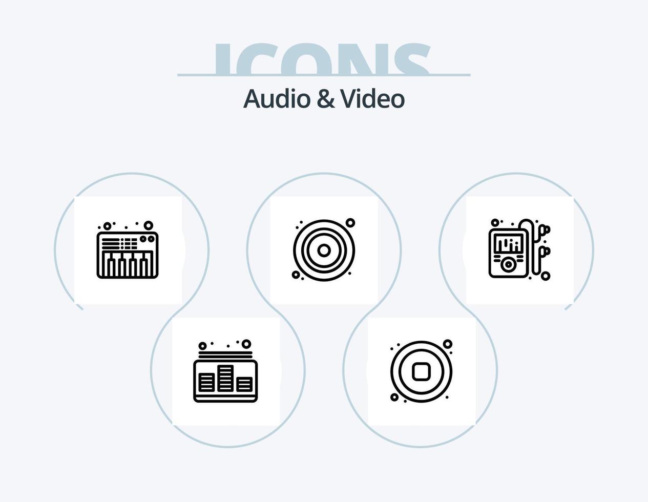 Audio- und Video-Line-Icon-Pack 5 Icon-Design. Lautsprecher. Megaphon. Multimedia. Videospiel. Spiel vektor