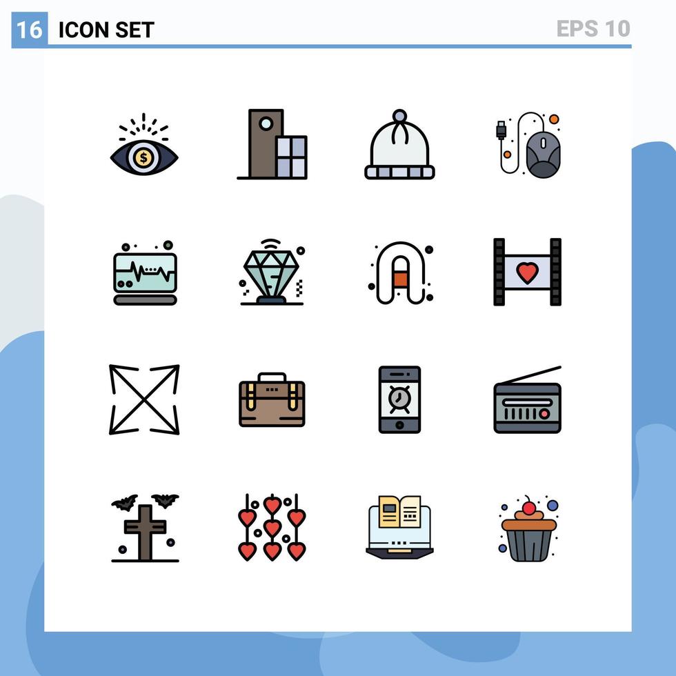 16 universell platt Färg fylld rader uppsättning för webb och mobil tillämpningar puls medicinsk hatt hårdvara linje redigerbar kreativ vektor design element