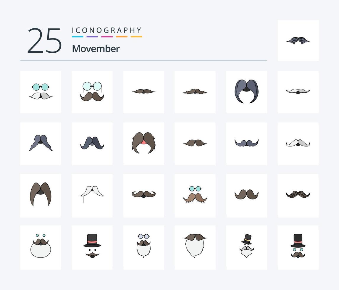 movember 25 Zeilen gefülltes Icon Pack inklusive Movember. Schnurrbart. männlich. getragen. Umzug vektor