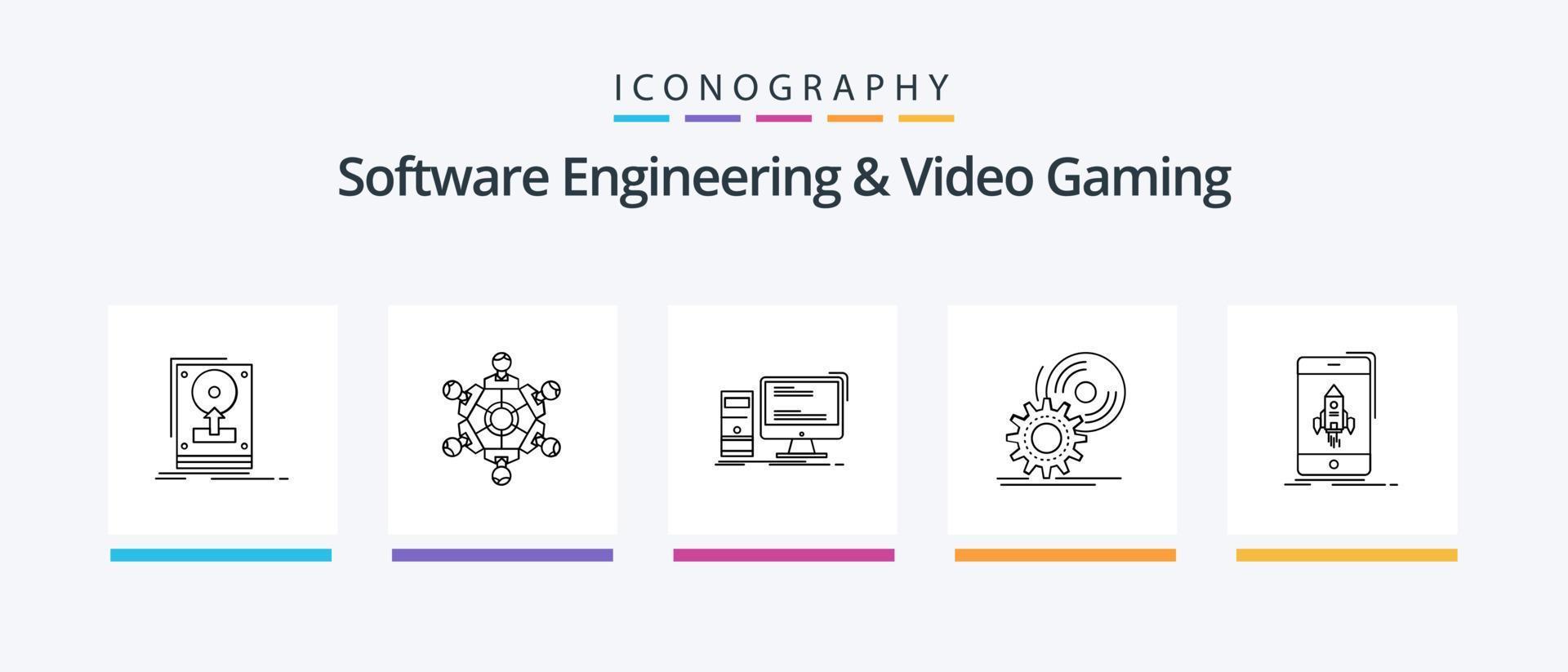 Software-Engineering und Videospiele Line 5 Icon Pack inklusive Verzeichnis. Archiv. Sprache. Spiel. dlc. kreatives Symboldesign vektor