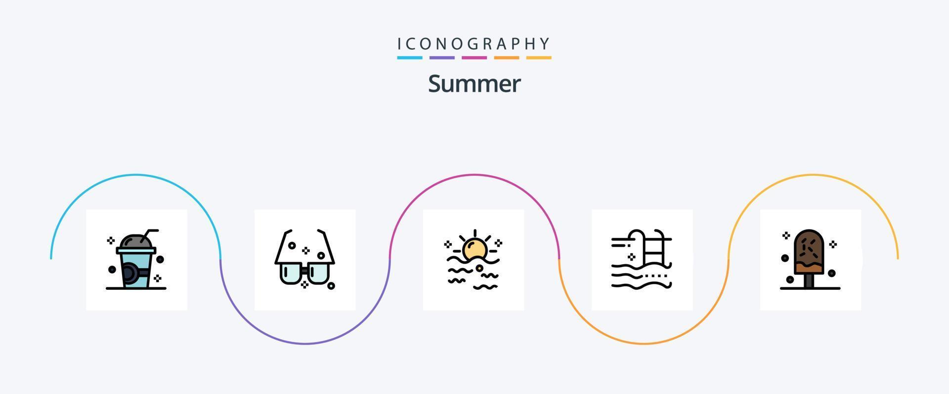 sommar linje fylld platt 5 ikon packa Inklusive sommar. Semester. Sol. soluppgång. sommar vektor