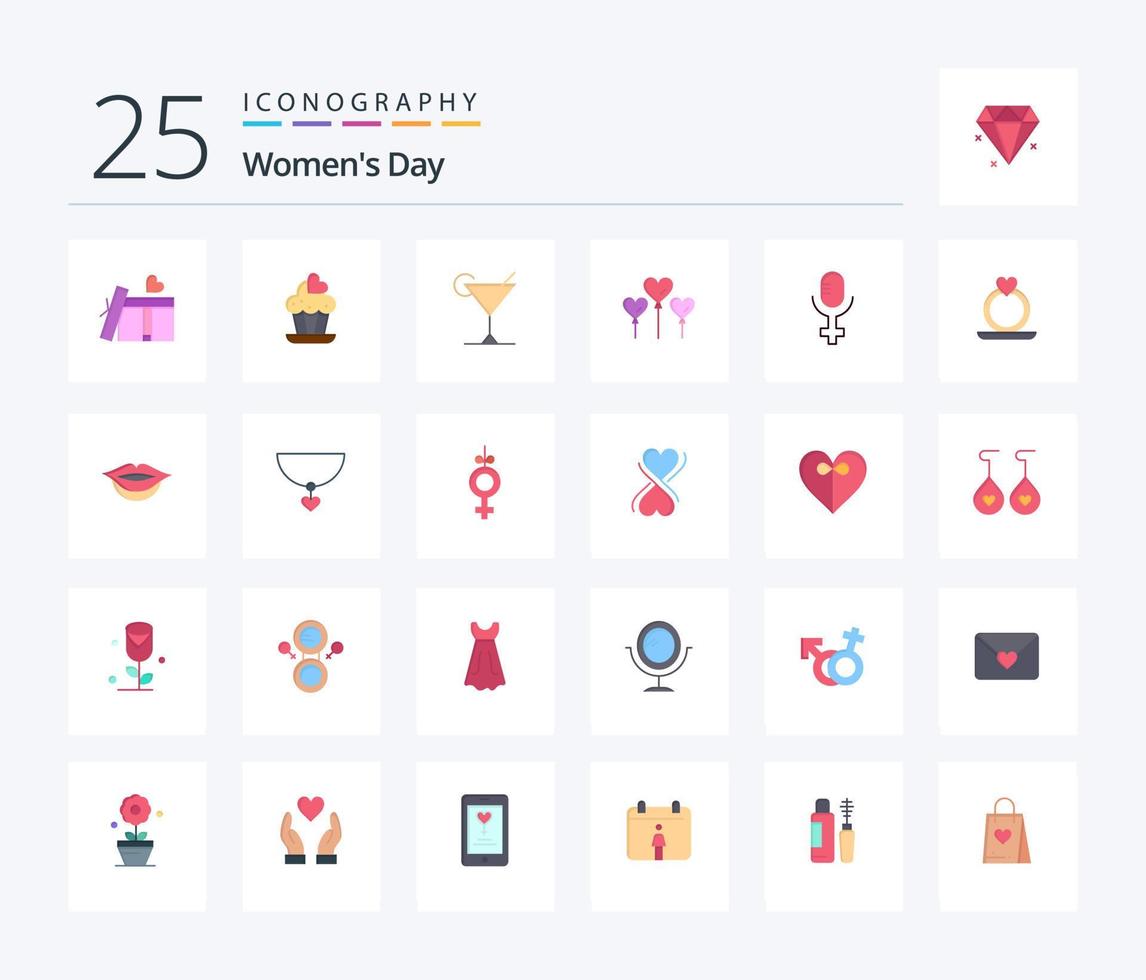 Womens Day 25 Flat Color Icon Pack inklusive Tag. Frauen. Liebe. Zitrone. Cocktail vektor