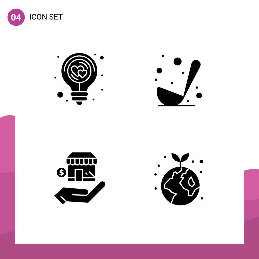 4 solides Glyphenpaket der Benutzeroberfläche mit modernen Zeichen und Symbolen der Glühbirne Geschäftsidee Lebensmittelgeschäft editierbare Vektordesign-Elemente vektor