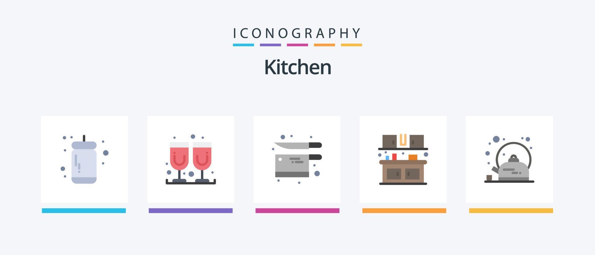 Küchenwohnung 5 Icon Pack inklusive Tee. Frühstück. Küche. Küche. Essen. kreatives Symboldesign vektor