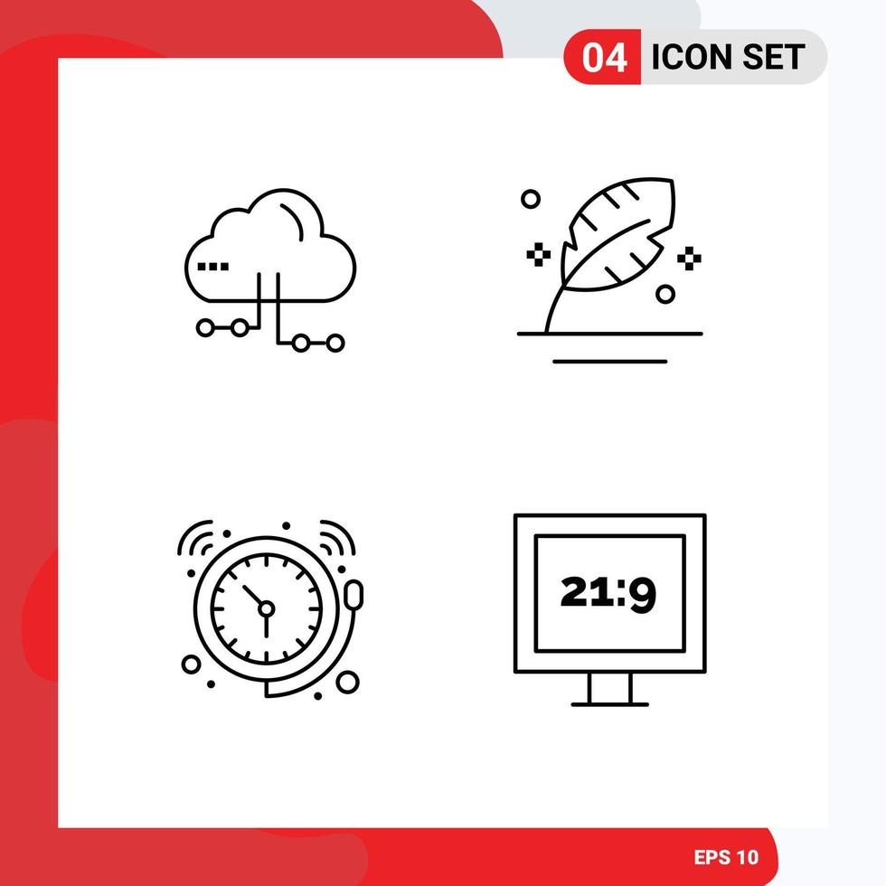 piktogram uppsättning av 4 enkel fylld linje platt färger av moln larm nätverk penna klocka redigerbar vektor design element