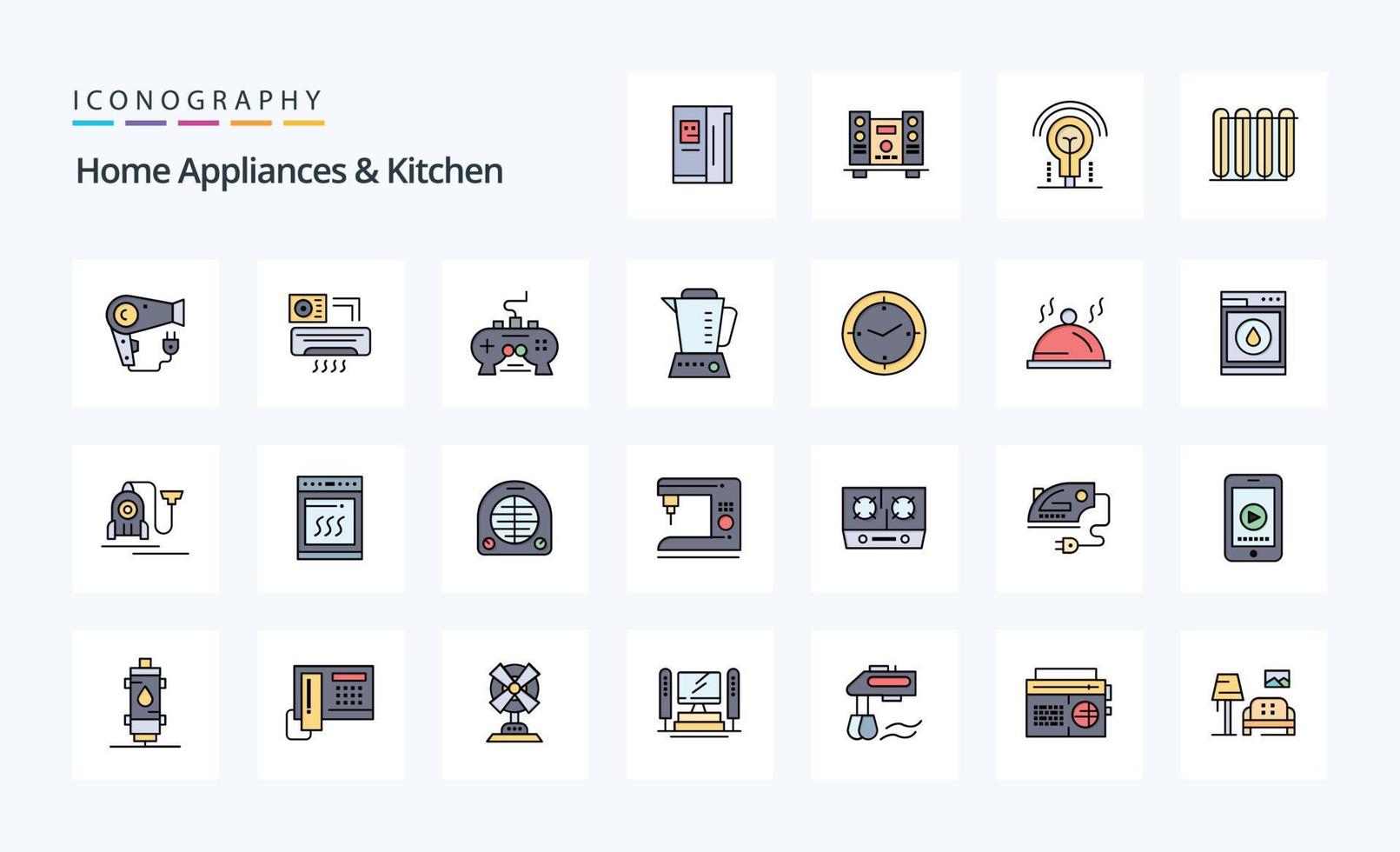 25 Hem apparater och kök linje fylld stil ikon packa vektor