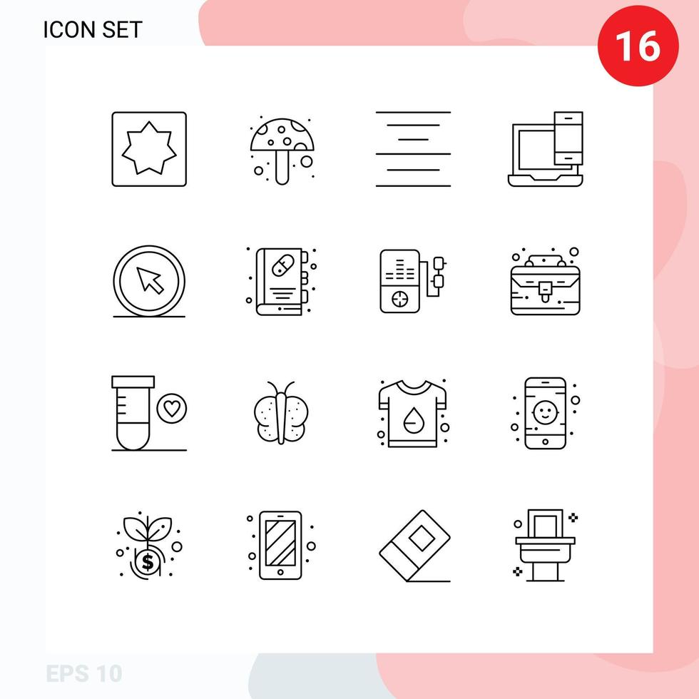 Gliederungssatz für mobile Schnittstellen mit 16 Piktogrammen von bearbeitbaren Vektordesign-Elementen für Mausklick-Center-Telefon-Laptops vektor
