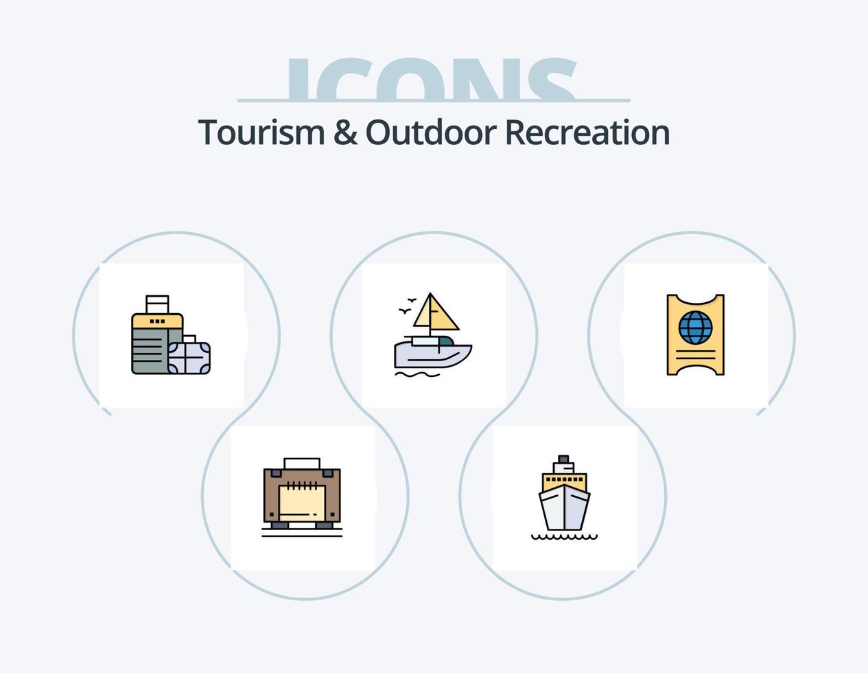 Tourismus- und Outdoor-Erholungslinie gefüllt Icon Pack 5 Icon Design. Glas. Transport. Badeanzug. Schiff. Hose vektor