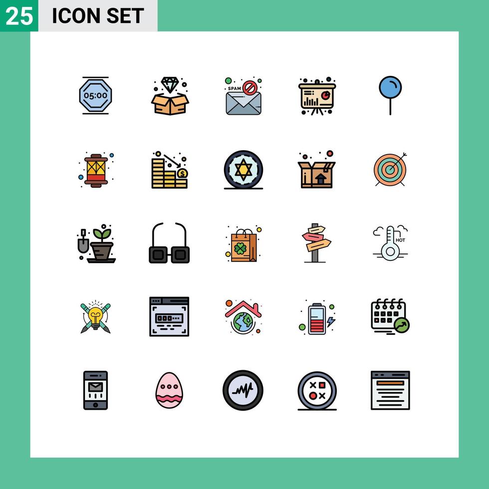 universelle Symbolsymbole Gruppe von 25 modernen gefüllten Linien flache Farben der Informationspräsentation Schmuckdiagramm Virus editierbare Vektordesign-Elemente vektor