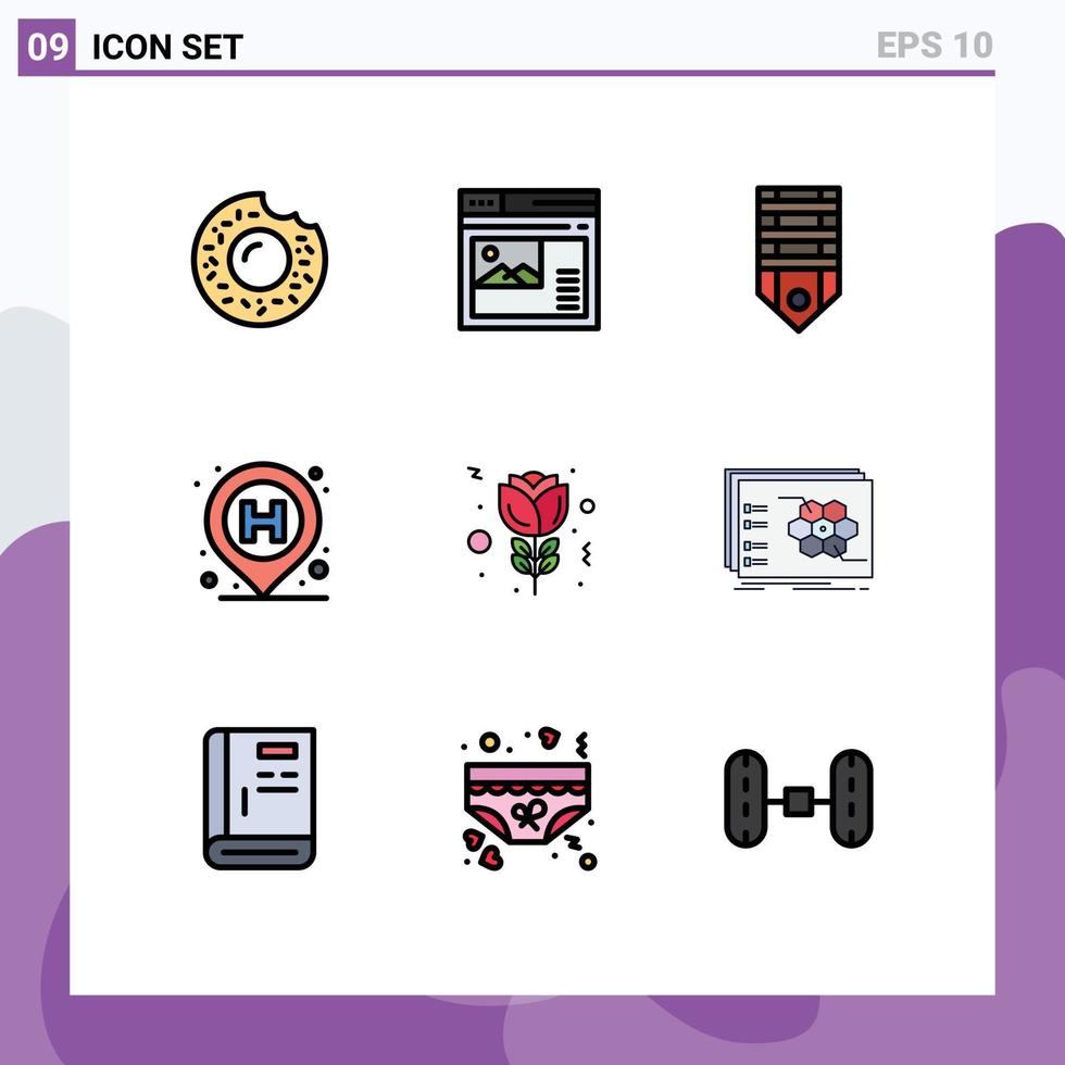 9 universelle Filledline-Flachfarben für Web- und mobile Anwendungen, bearbeitbare Vektordesign-Elemente für Blumenstift-Abzeichen-Standort-Tags vektor