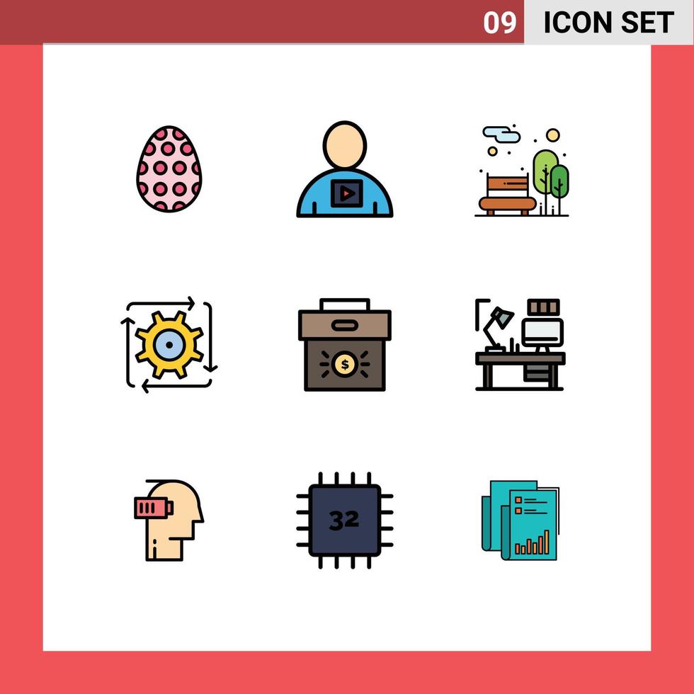 moderner Satz von 9 gefüllten flachen Farben und Symbolen wie Betriebsentwicklung Videoautomatisierung öffentlich bearbeitbare Vektordesignelemente vektor
