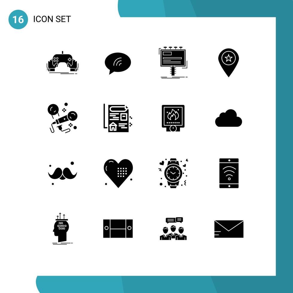 modern uppsättning av 16 fast glyfer pictograph av markör plats sand stjärna anslagstavla redigerbar vektor design element