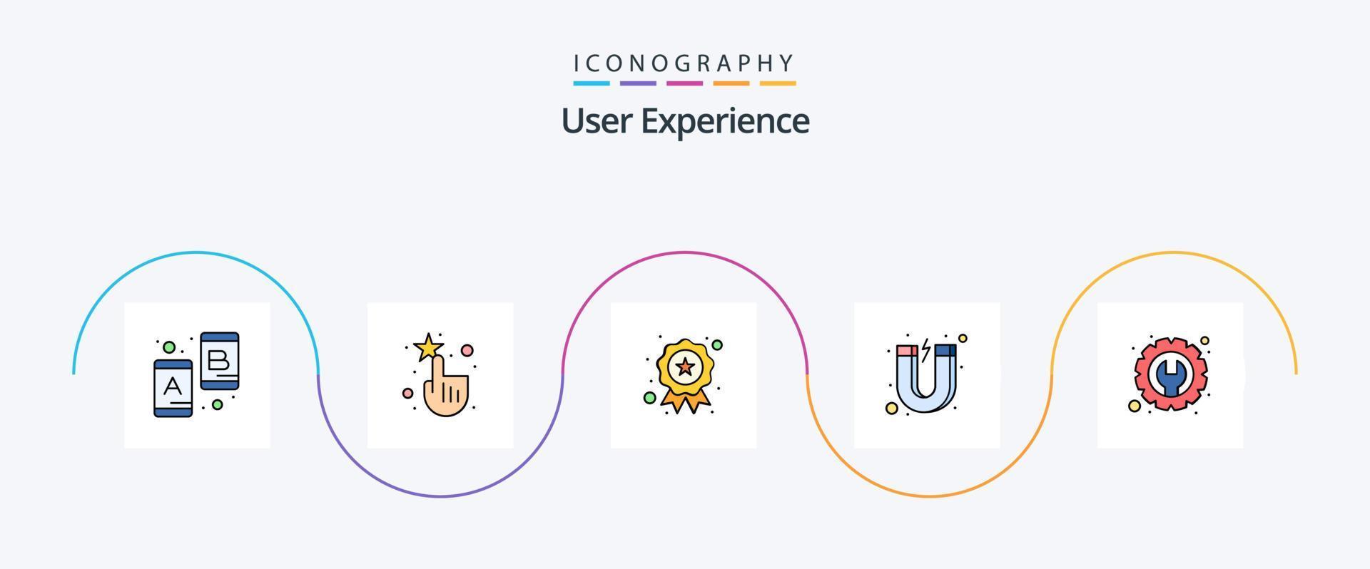 Benutzererfahrungszeile gefülltes flaches 5-Icon-Paket einschließlich Tools. die Einstellungen. Abzeichen. Ausrüstung. Kunde vektor