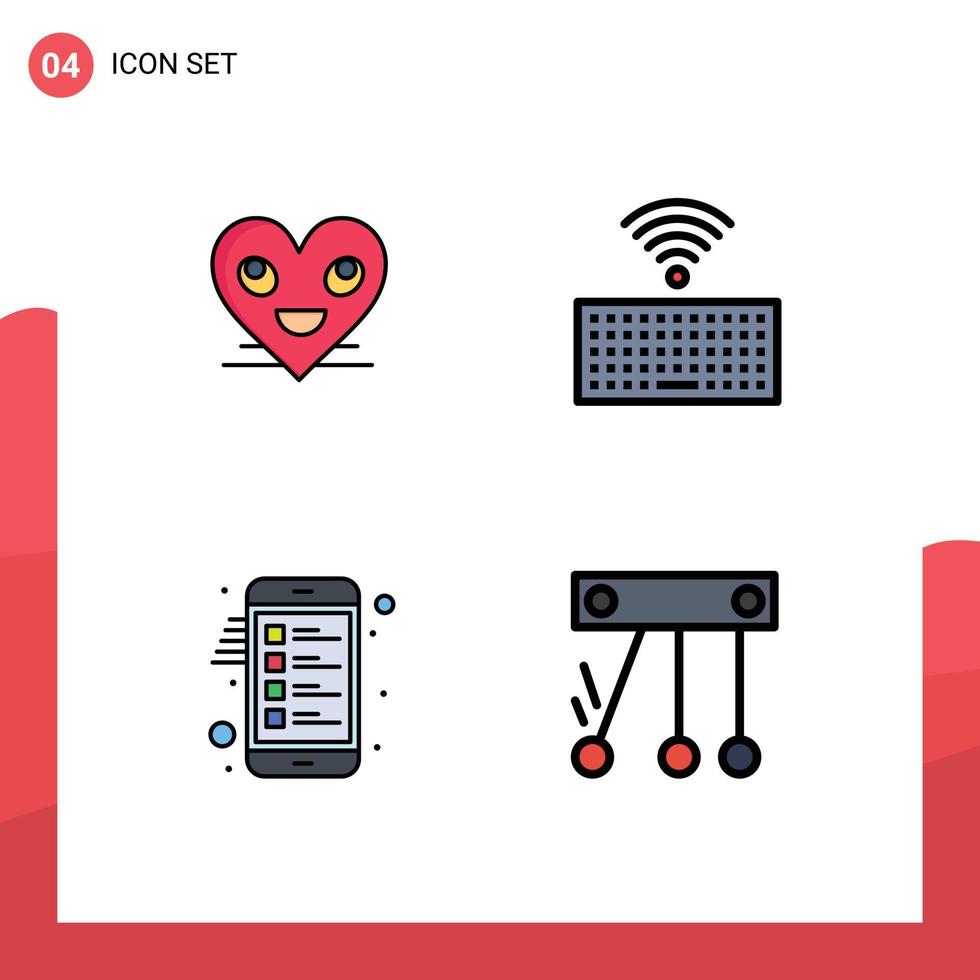 Gruppe von 4 modernen Filledline-Flachfarben für editierbare Vektordesign-Elemente der Herz-Zwischenablage-Gesichtstastaturliste vektor