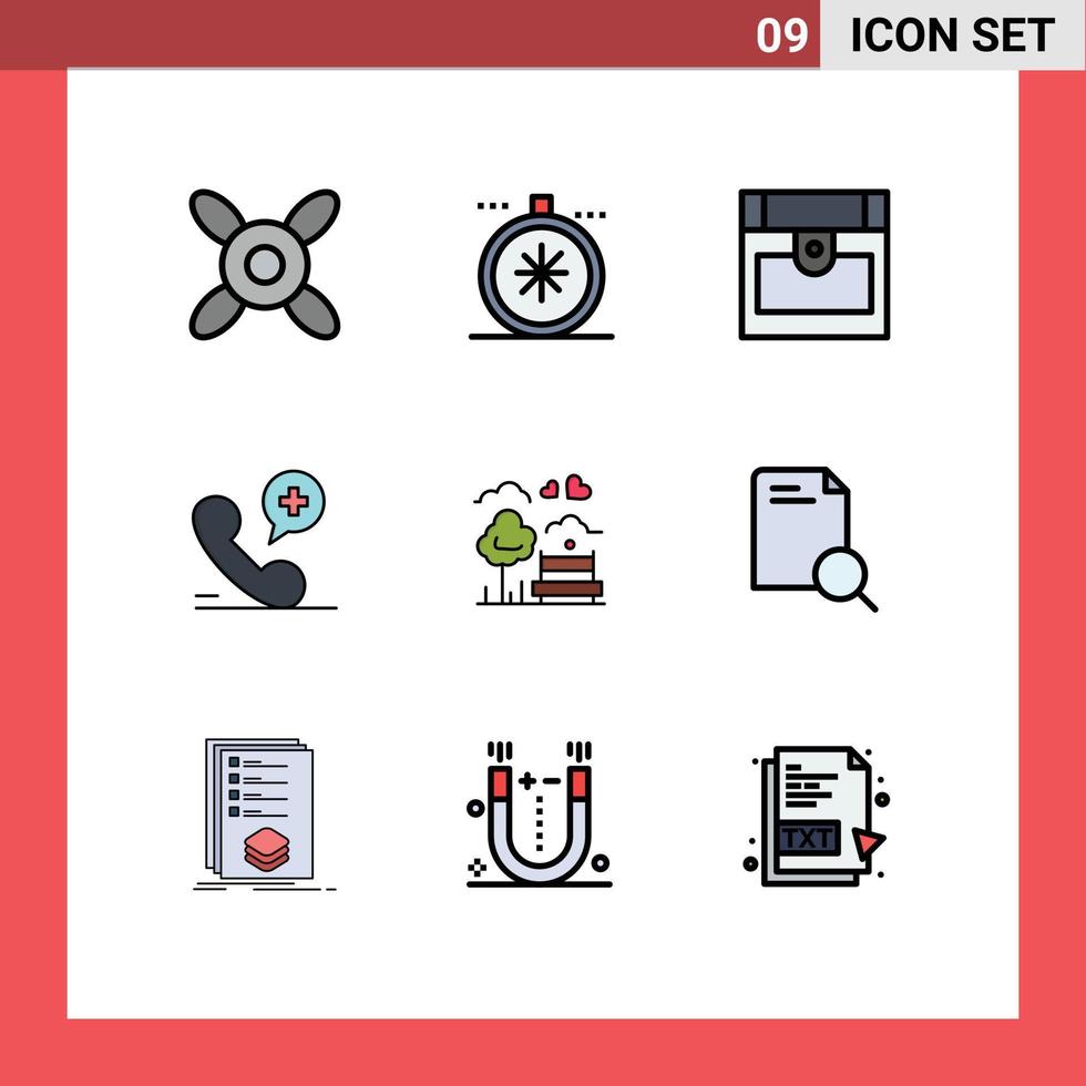 9 universelle Filledline-Flachfarben für Web- und mobile Anwendungen Outdoor Bank Schatzbaum Krankenhaus editierbare Vektordesign-Elemente vektor