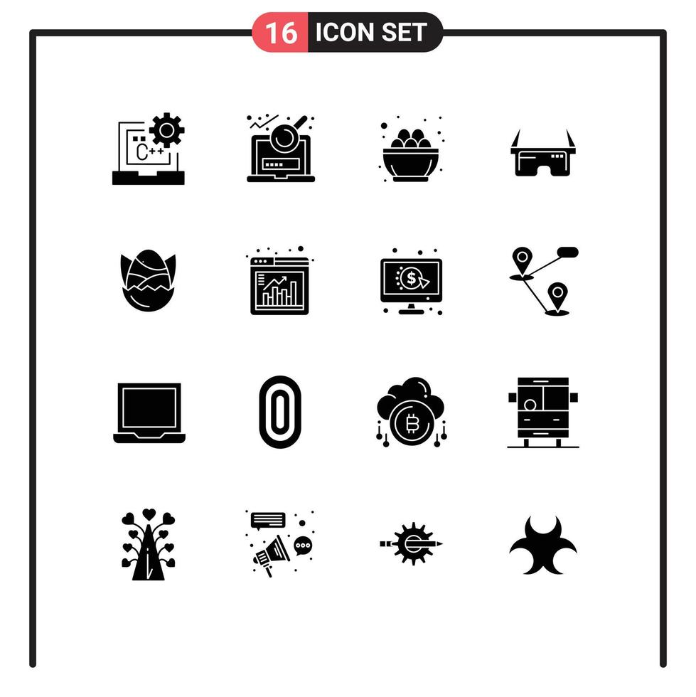 moderner Satz von 16 soliden Glyphen-Piktogrammen von Brillen Login virtuelles Ei editierbare Vektordesign-Elemente vektor