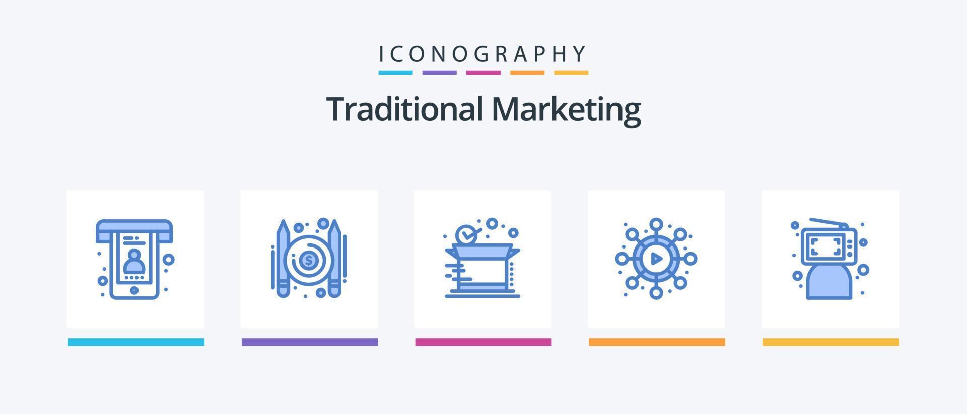 traditionell marknadsföring blå 5 ikon packa Inklusive dator. bloggare. låda. viral. nätverk. kreativ ikoner design vektor