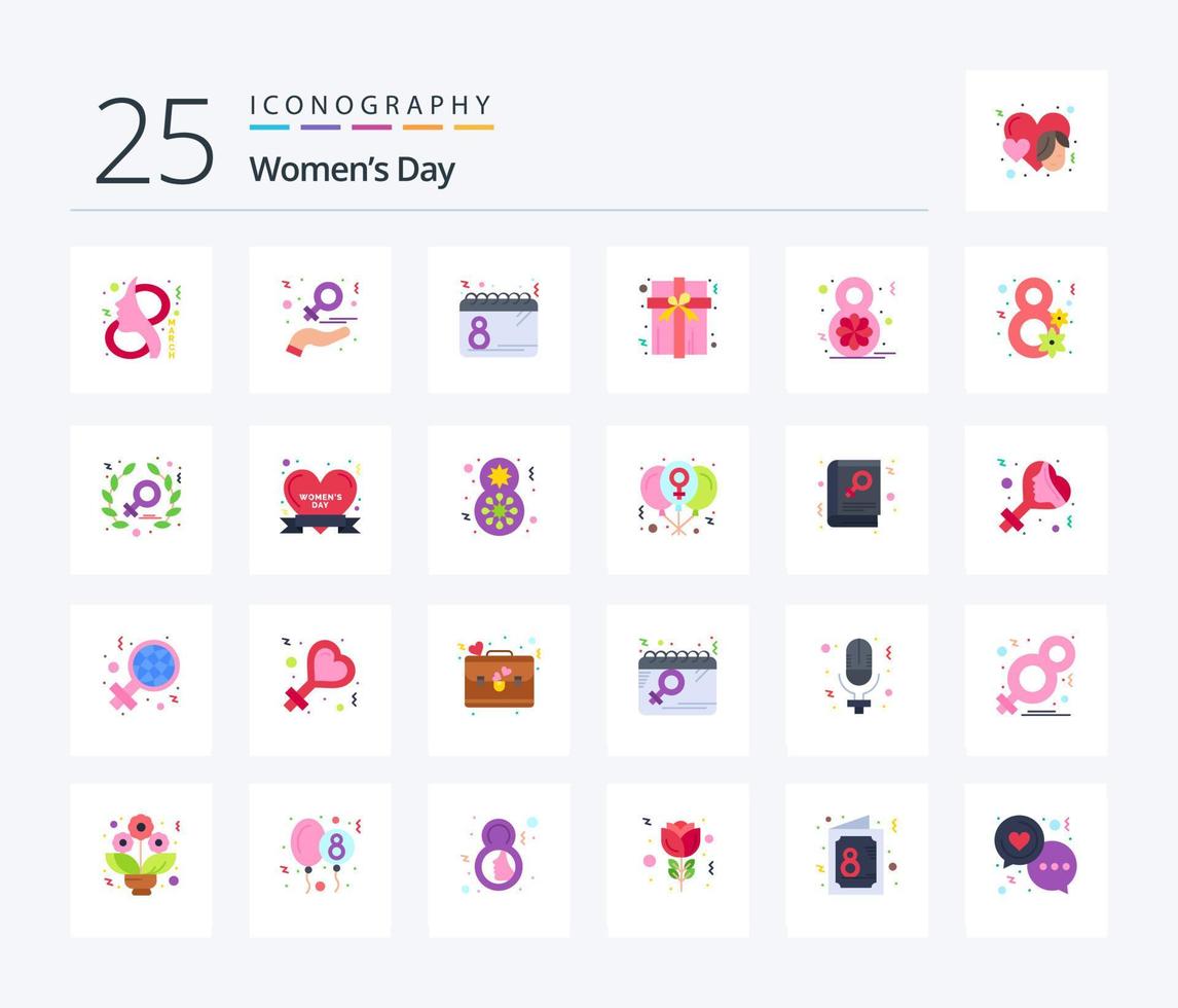 Womens Day 25 Flat Color Icon Pack inklusive Geschenk. Kasten. Liebe. Datum. planen vektor
