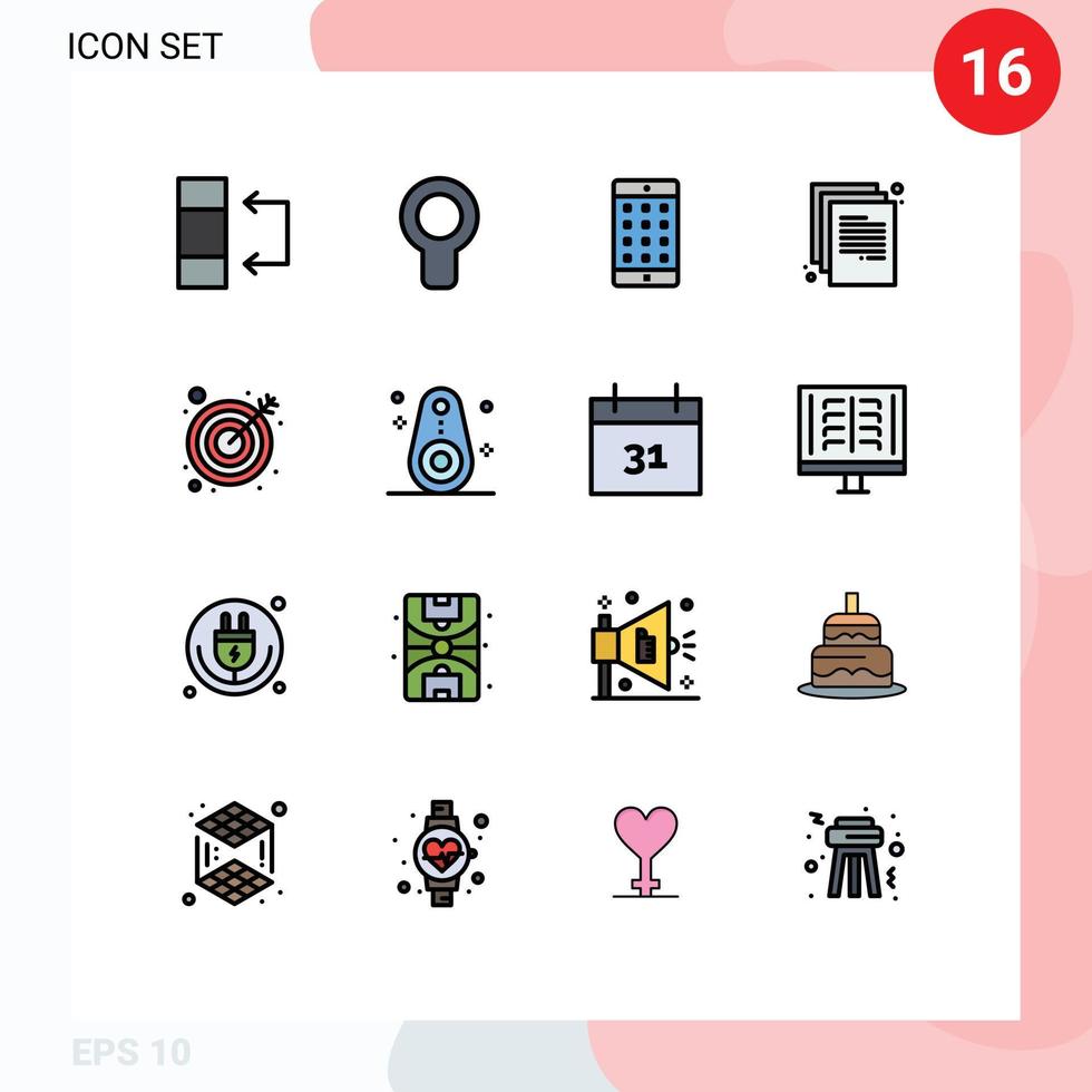 16 universelle, flache, farbgefüllte Linien für Web- und mobile Anwendungen, Zielpfeil, mobiles Papierdokument, bearbeitbare kreative Vektordesign-Elemente vektor
