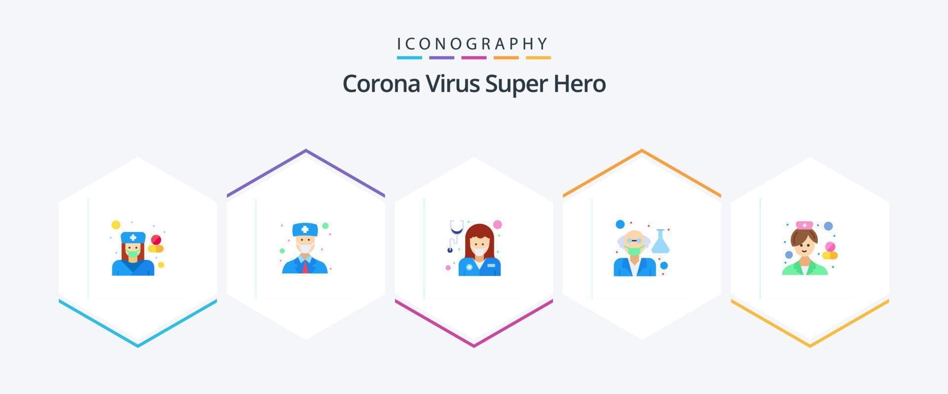 korona virus super hjälte 25 platt ikon packa Inklusive kvinna. forskare. flicka. professor. gammal man vektor
