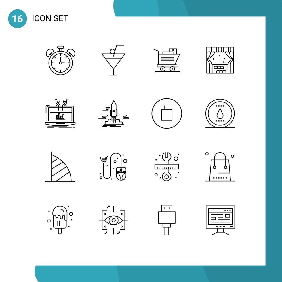 universelle Symbolsymbole Gruppe von 16 modernen Umrissen des Plattformmanagements Shopping analytisches Fenster editierbare Vektordesign-Elemente vektor