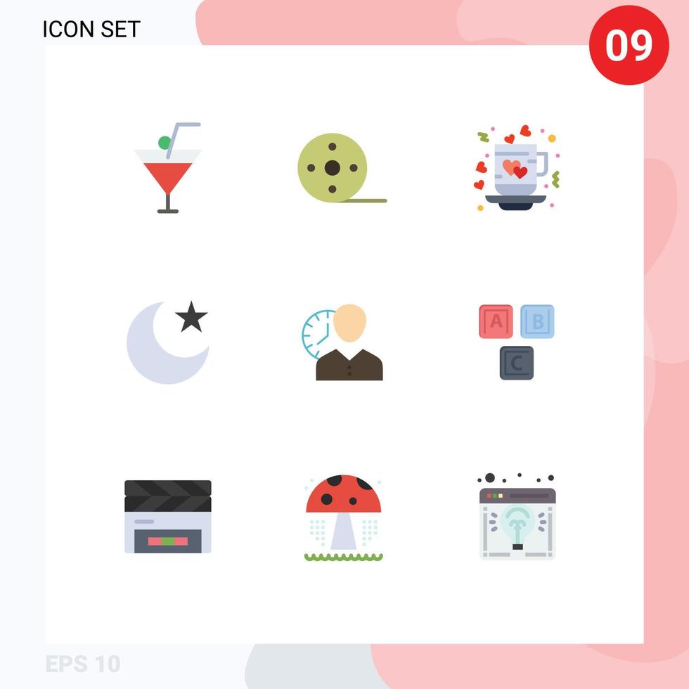 9 flaches Farbpaket der Benutzeroberfläche mit modernen Zeichen und Symbolen der bearbeitbaren Vektordesign-Elemente der Mannuhrschale Nachtmond vektor