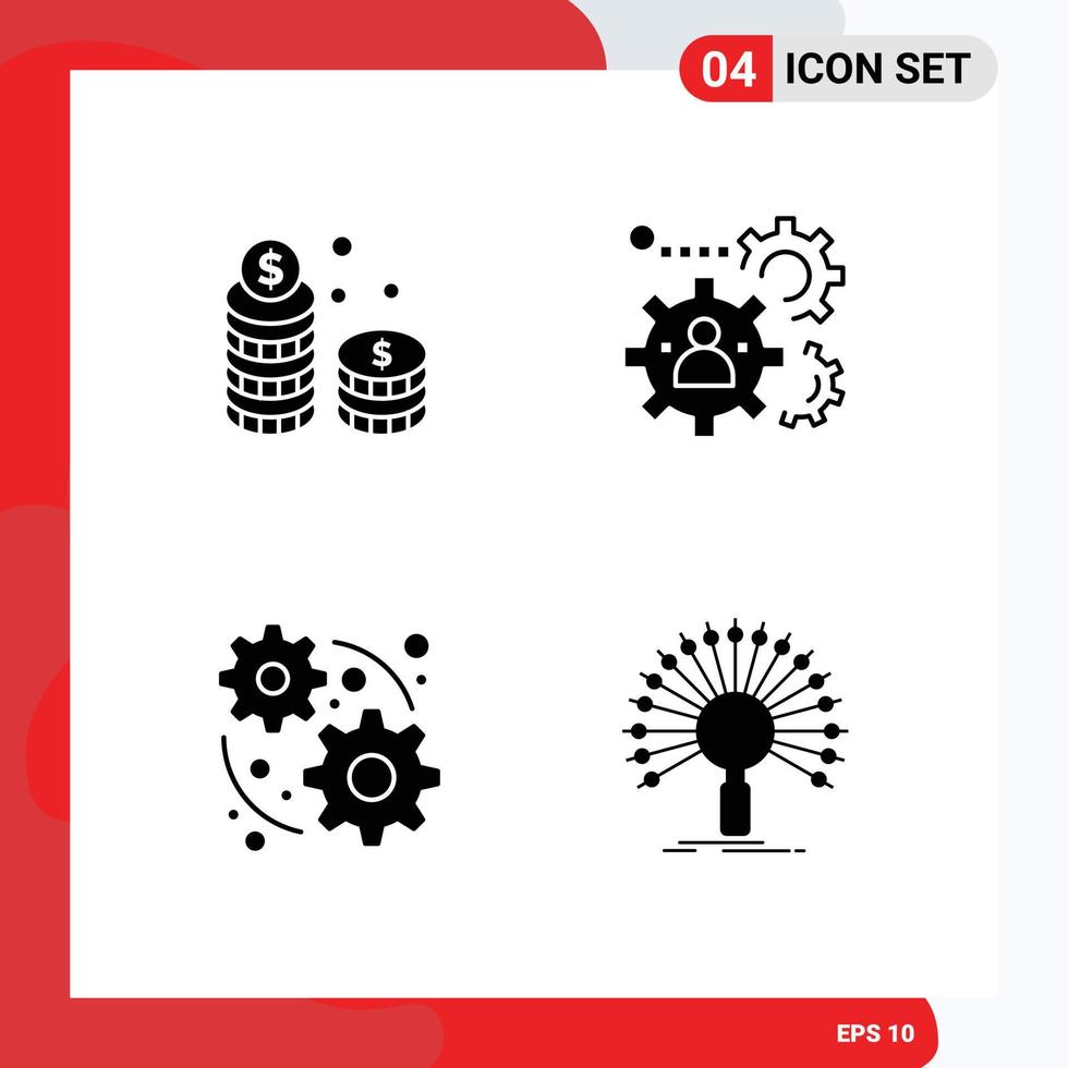 Piktogramm-Set aus 4 einfachen soliden Glyphen von Münzen Teamarbeit Bargeld Menschen Web-editierbare Vektordesign-Elemente vektor
