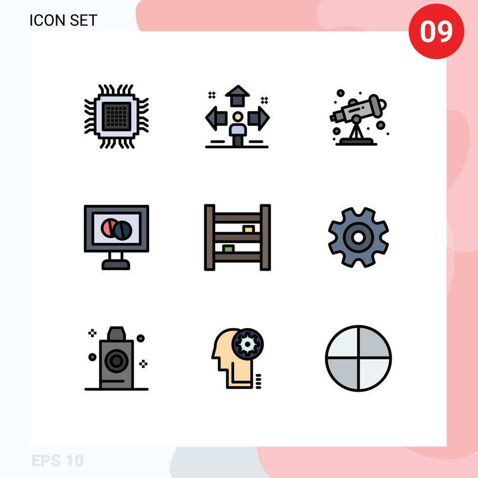 Satz von 9 Vektor-Filledline-Flachfarben auf Raster für Schrank-Tablet-Mann-Medizin-Teleskop editierbare Vektor-Design-Elemente vektor