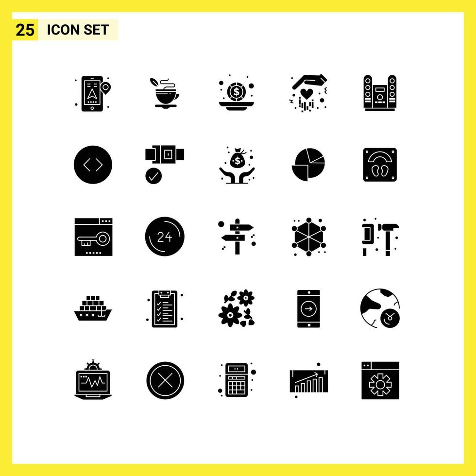 Piktogrammsatz von 25 einfachen soliden Glyphen von Spotlight-Kinobudget-Liebesgeschenk editierbaren Vektordesign-Elementen vektor