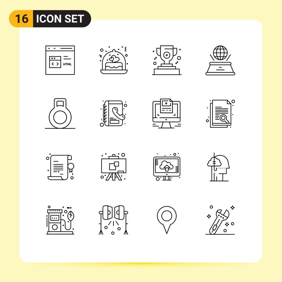 piktogram uppsättning av 16 enkel konturer av bok presentation gåva fantasi värld redigerbar vektor design element