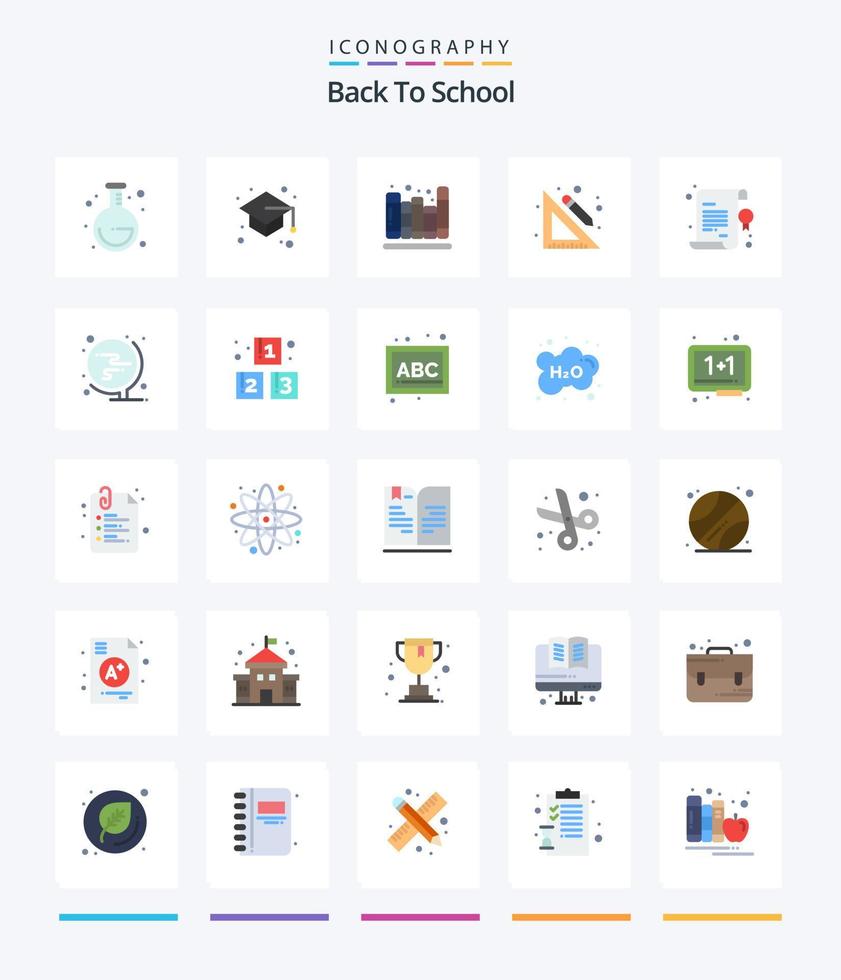 kreativ tillbaka till skola 25 platt ikon packa sådan som diplom. tillbaka till skola. böcker. penna. linjal vektor