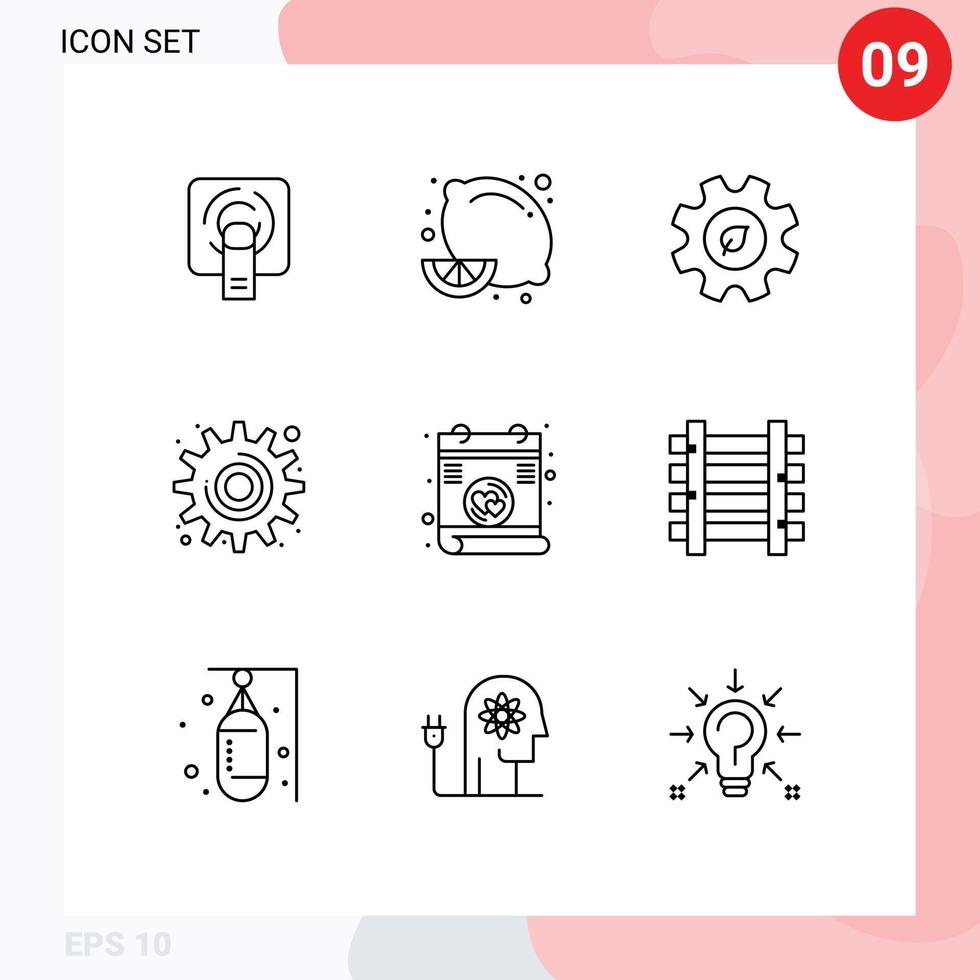 Piktogrammsatz mit 9 einfachen Umrissen von Liebeswerkzeug-Öko-Einstellungen Cog editierbare Vektordesign-Elemente vektor